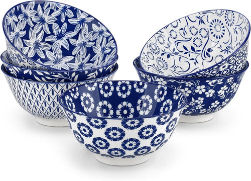 Set of 6 Vintage Blue White Ceramic Bowls 24oz Salad Cereal Pasta
