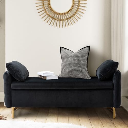 Large Storage Ottoman Bench w/ Pillows Modern Upholstered Metal Leg Seat