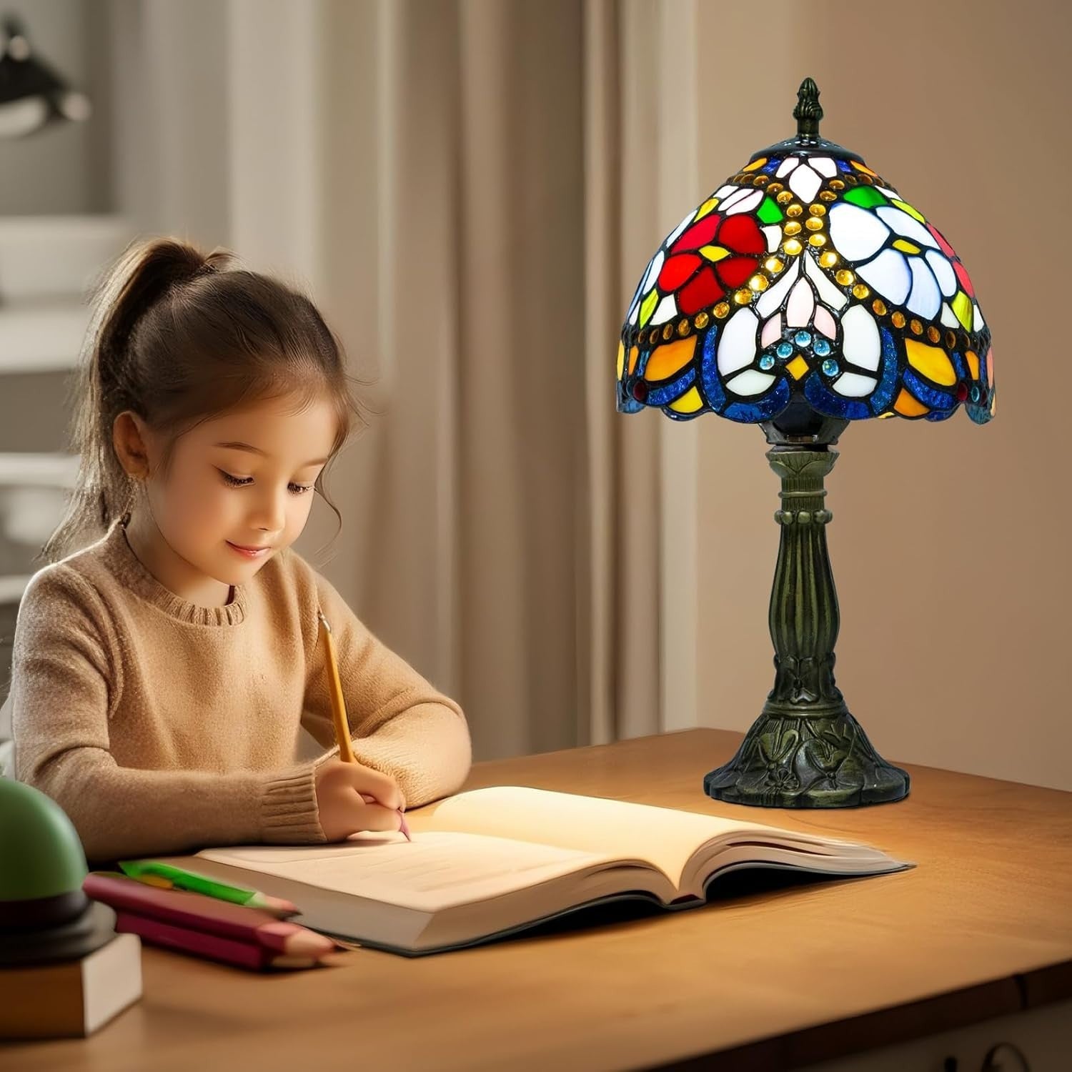 Red Rose Tiffany Table Lamp, Dimmable LED, Vintage Resin, Mood Lighting