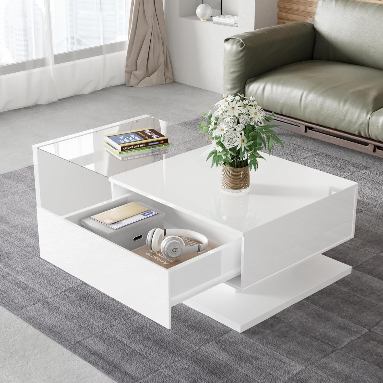 LED Coffee Table with Storage Compartment & 16-Color Lights, 105x55x32.5cm