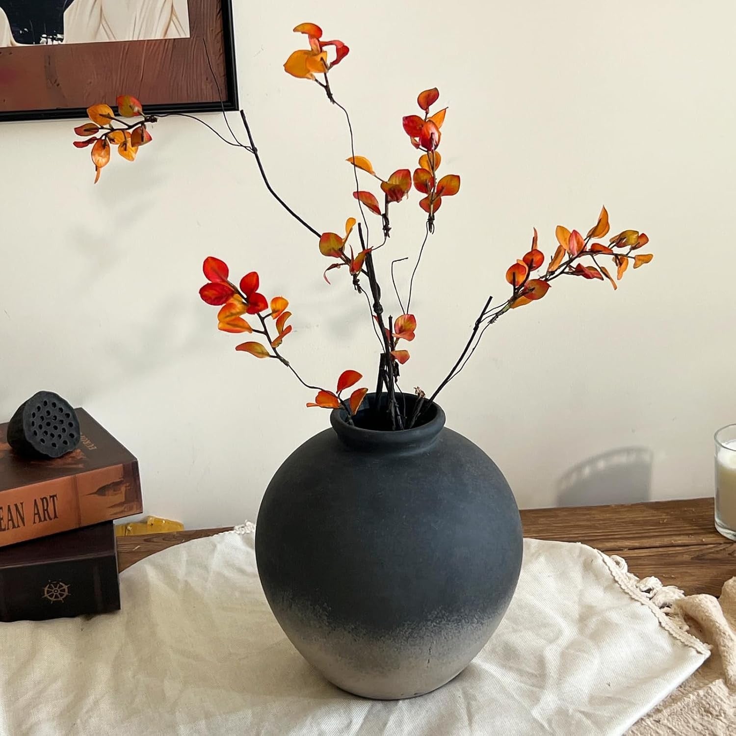 Black Rustic Ceramic Vase Farmhouse Decor 22cm Table Centrepiece Gift