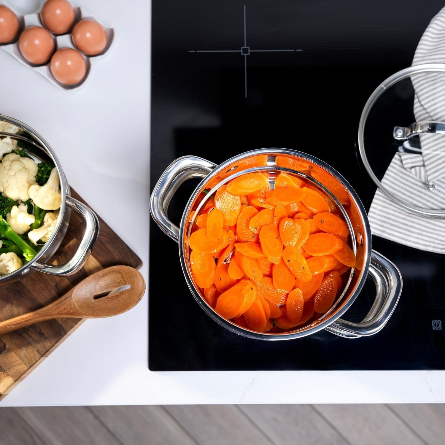 3 Tier Stainless Steel Induction Steamer Pot – 18 cm Stackable Cooking Pans