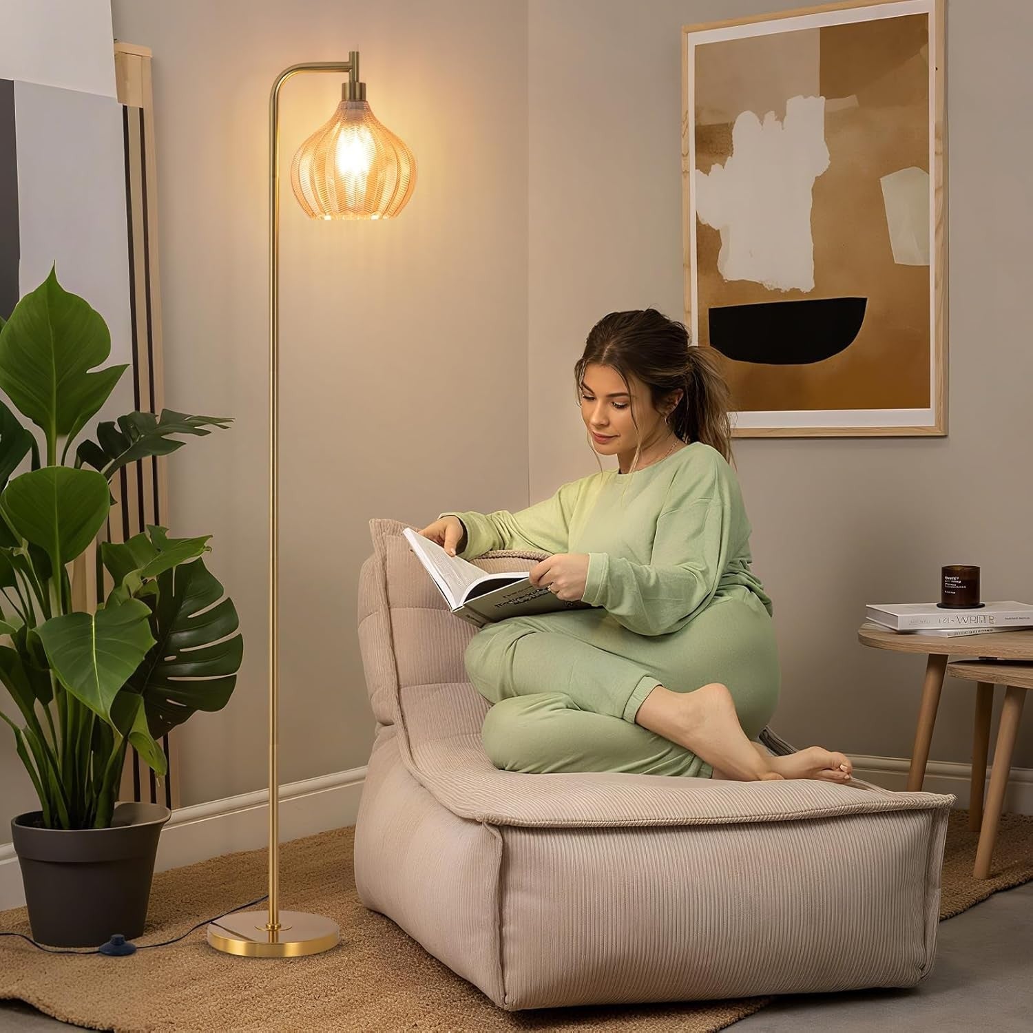 Gold Arc Floor Lamp Dimmable Remote Amber Glass Shade LED Tall Standing