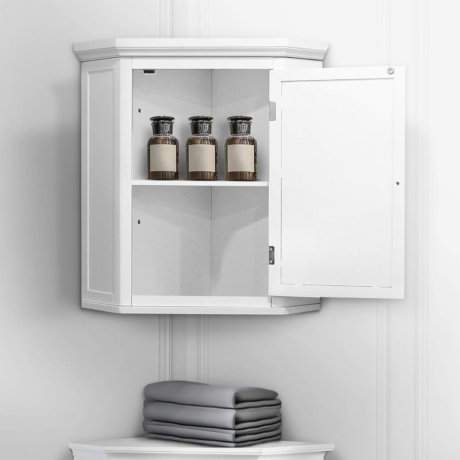 Corner Wall Bathroom Cabinet with Removable Shelf, Durable White Wood