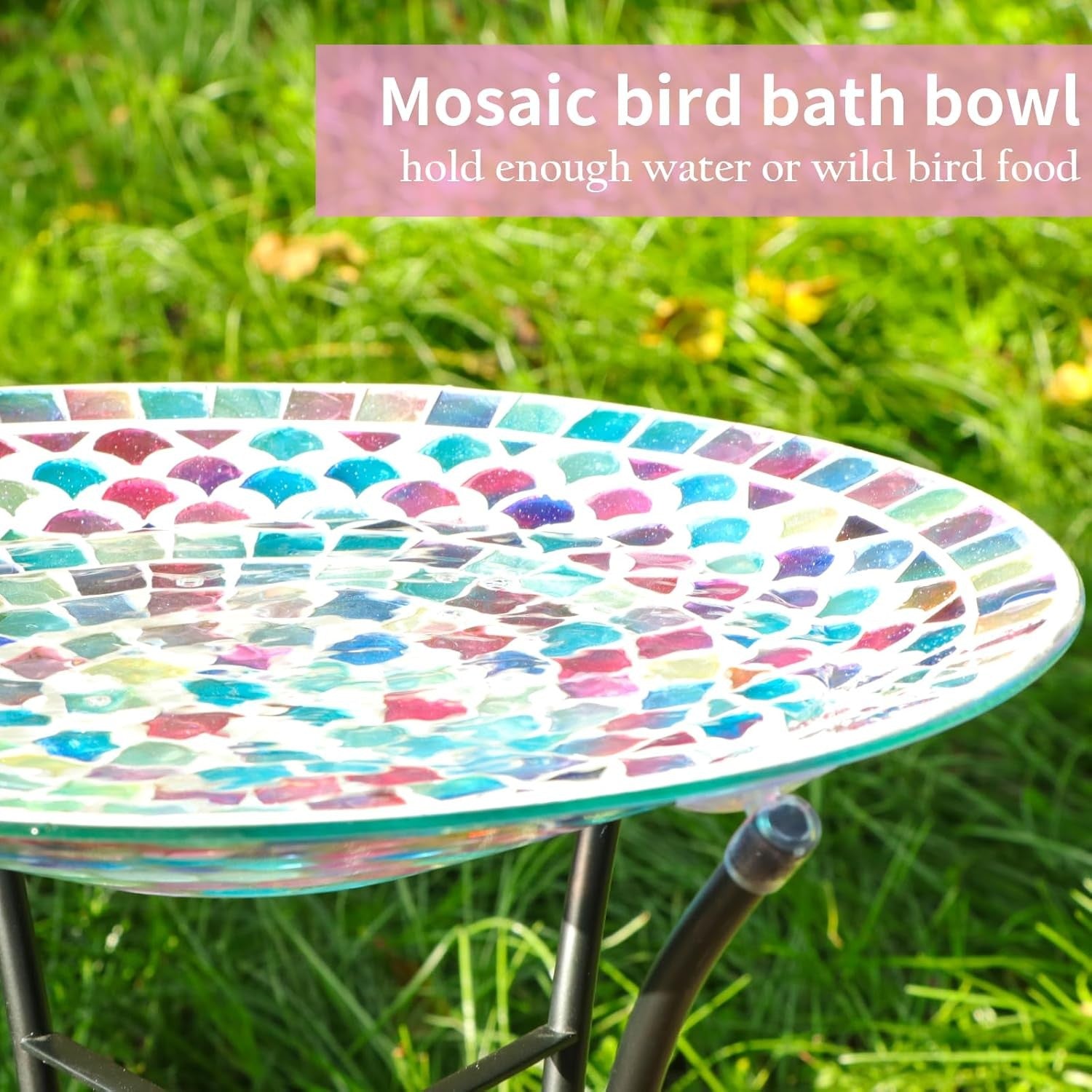 Mosaic Glass Bird Bath | 14" Colourful Garden Bowl with Metal Stand