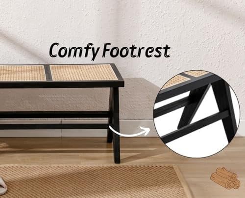 Rustic Wooden Rattan Bench Dining Entryway Seating Ottoman for Home Decor