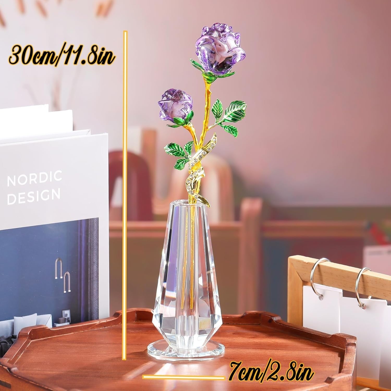 Crystal Purple Rose Ornament with Vase – Luxury Glass Flower Gift for Her Decor