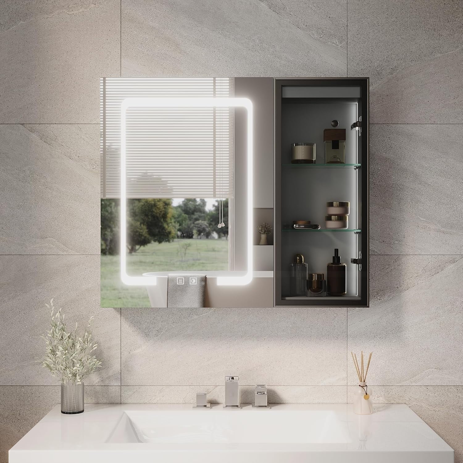 LED Bathroom Mirror Cabinet Wall Mounted with Open Storage & Anti-Fog