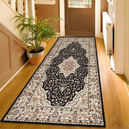 Black Vintage Runner Rug 80x300cm Non Slip Low Pile Hallway Kitchen Carpet