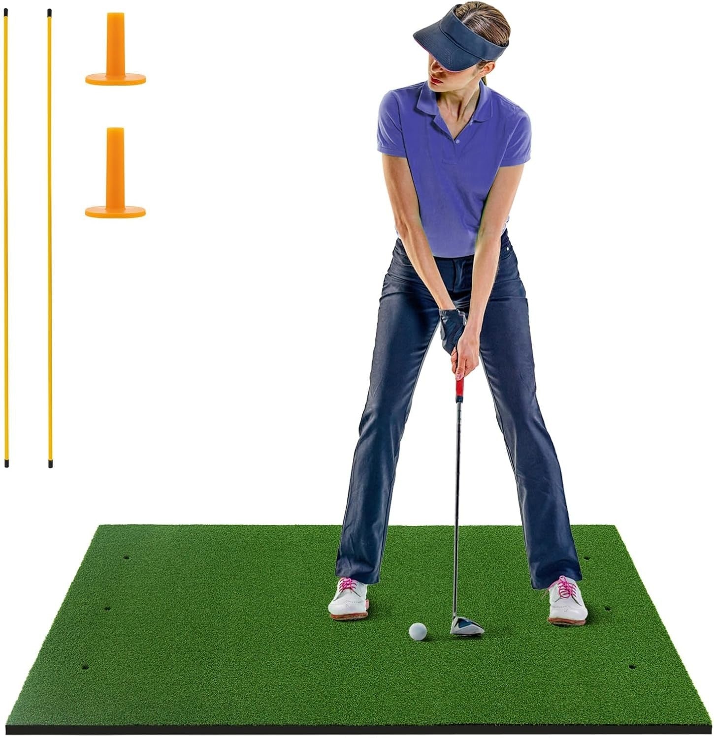 Golf Practice Hitting Mat 5x5ft Turf Mat with Rubber Tees & Alignment Sticks