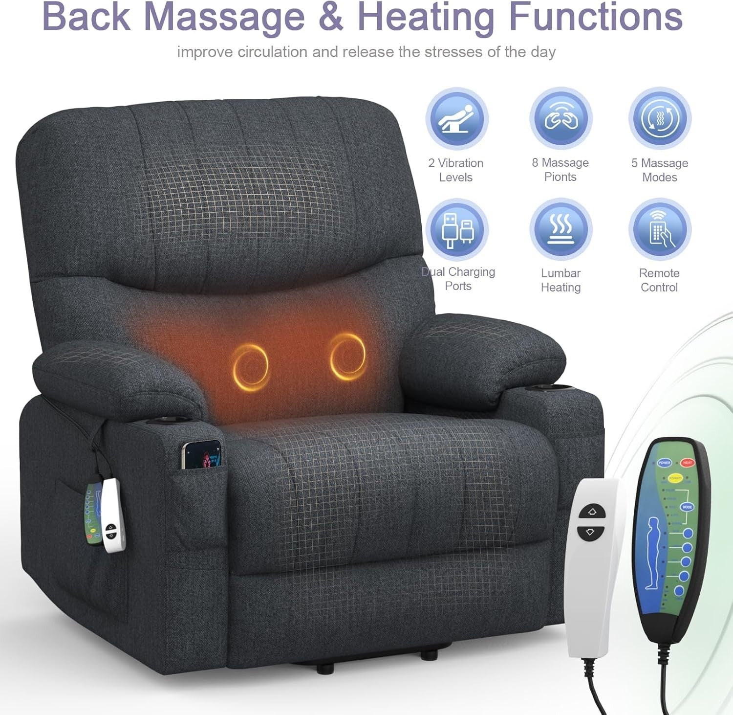 Electric Lift Recliner Chair Massage Heat Oversized w/ USB Type-C Footrest