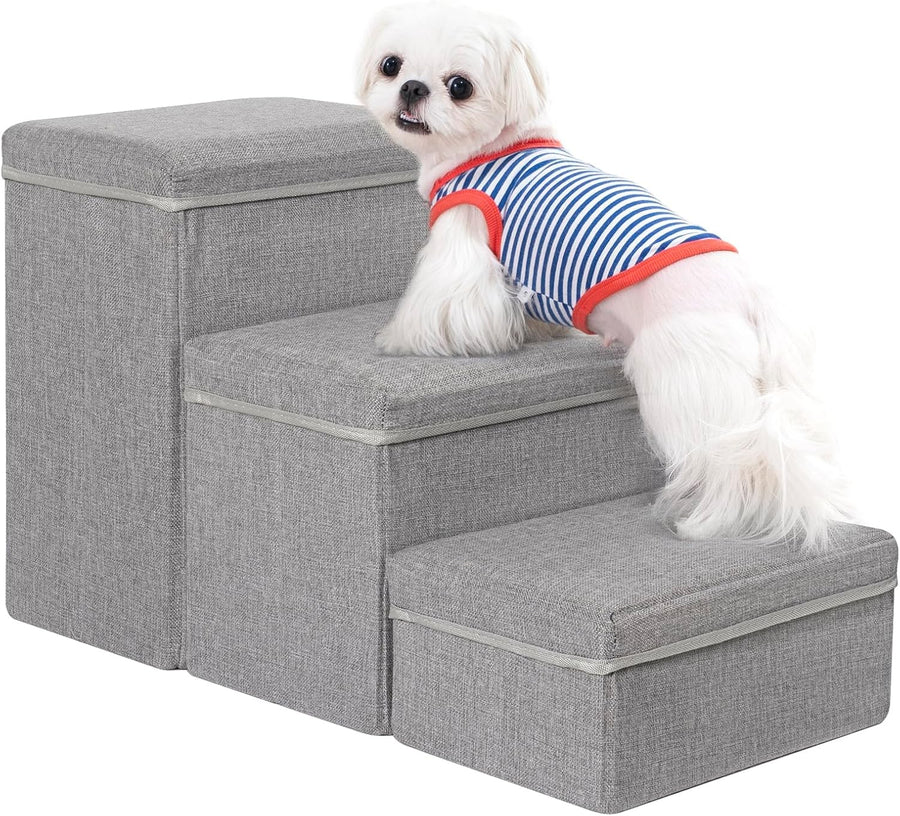 Dog Stairs with Storage 3 Step Pet Steps for Bed Sofa Grey