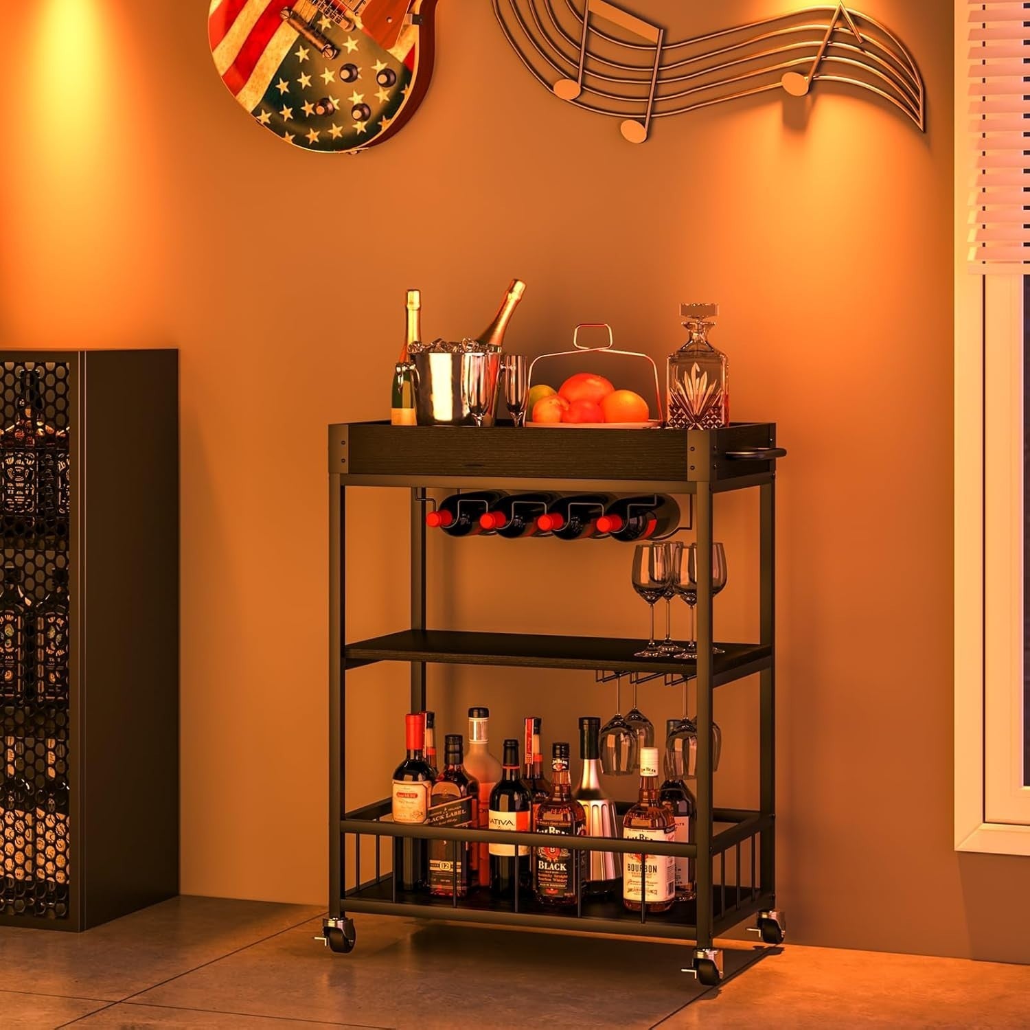 3 Tier Rolling Bar Cart with Wine Rack & Glass Holder Serving Trolley on Wheels