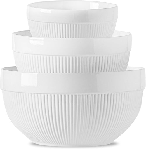 3 Pcs White Ceramic Mixing Bowls Nesting Microwave Oven Safe Set