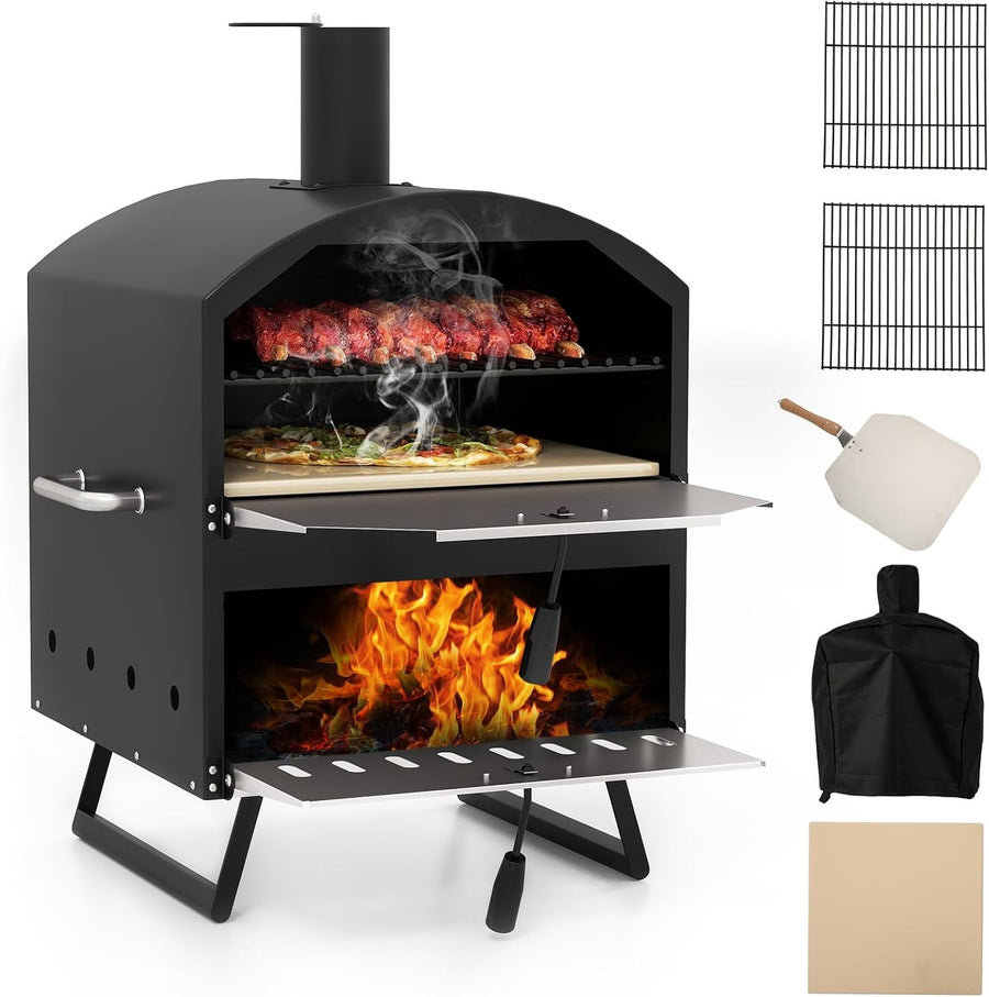 2-Tier Outdoor Wood Fired Pizza Oven | Dual Grill BBQ Cooker w/ Stone & Cover 60