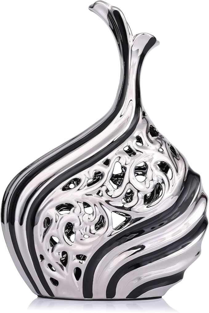 Tall Silver Black Floor Vase 38cm Modern Pampas Grass Luxury Decor