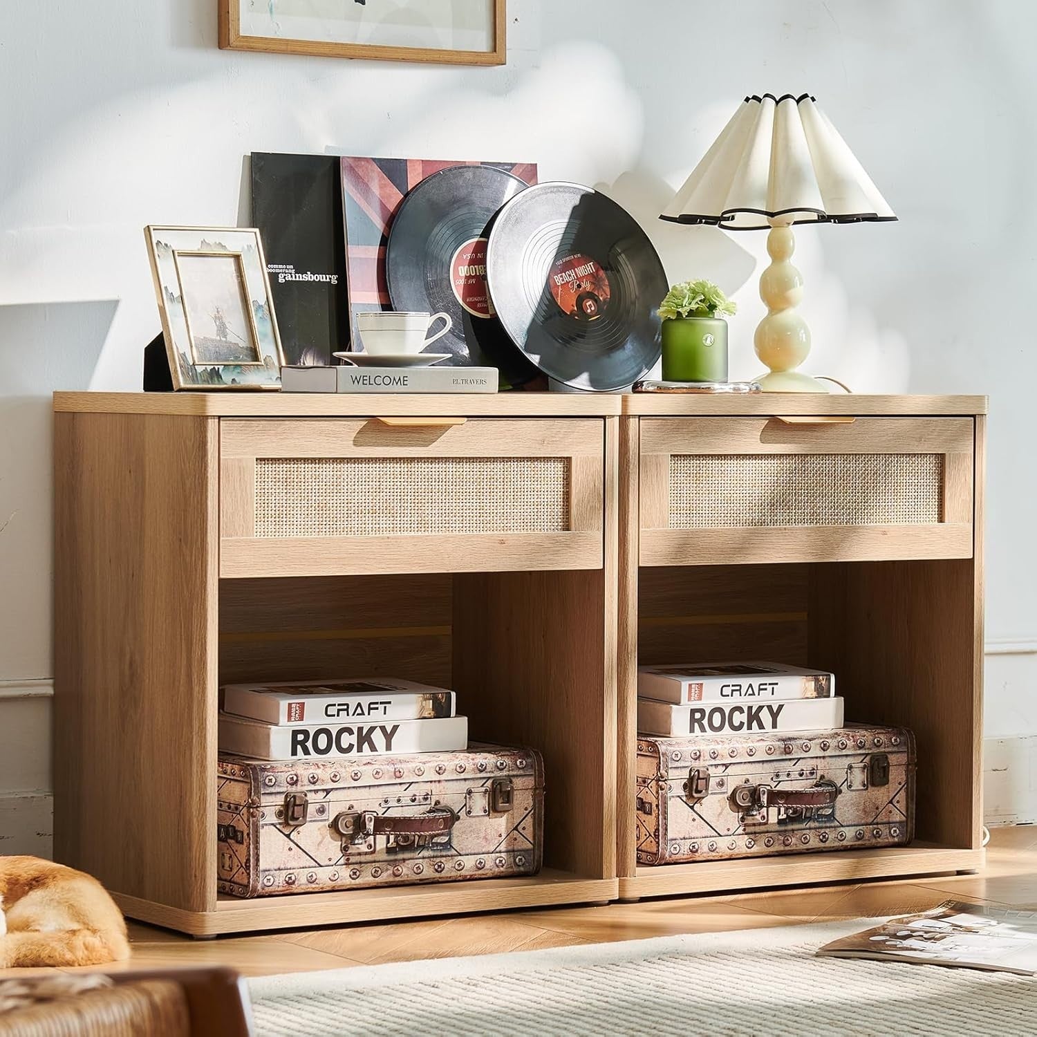 Natural Rattan Bedside Table Nightstand with Drawer Boho Wood Side Table