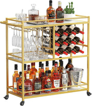 Gold Drinks Trolley 3 Tier Bar Cart with Wine Rack & Glass Holder Lockable Wheel