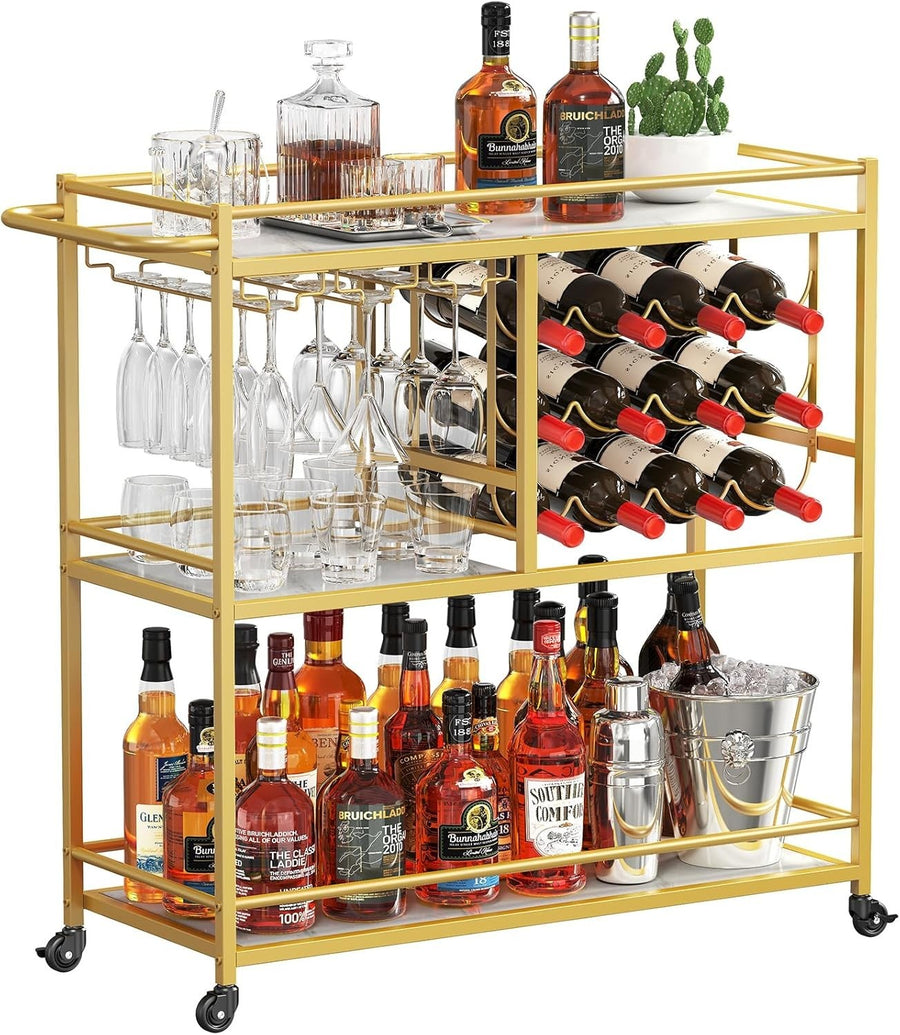Gold Drinks Trolley 3 Tier Bar Cart with Wine Rack & Glass Holder Lockable Wheel