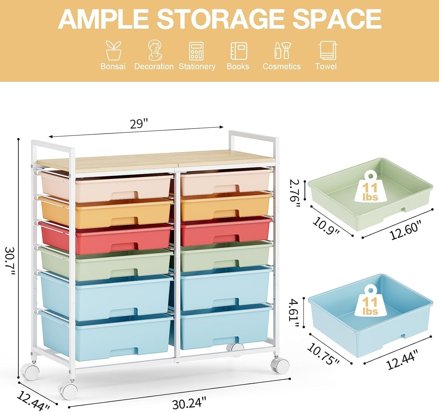 12 Drawer Rolling Storage Cart Craft Organizer Trolley Multicolor