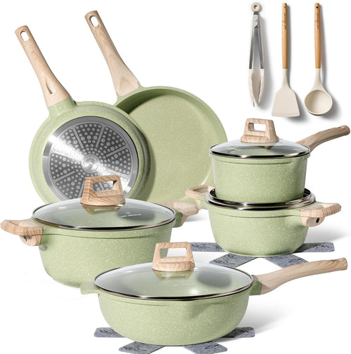 15pcs Green Granite Induction Non Stick Cookware Set Pots & Pans Eco Friendly