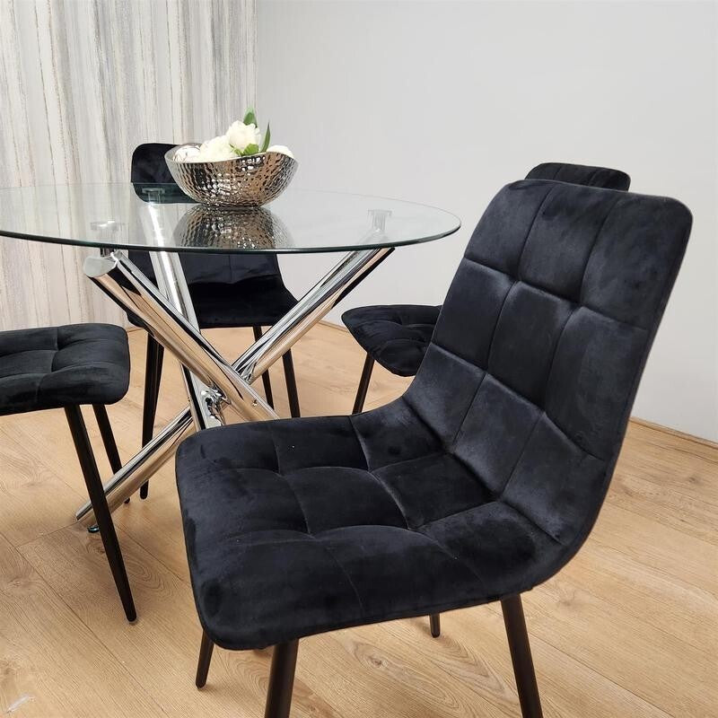 Round Glass Dining Table Set with 4 Black Velvet Chairs Chrome Legs
