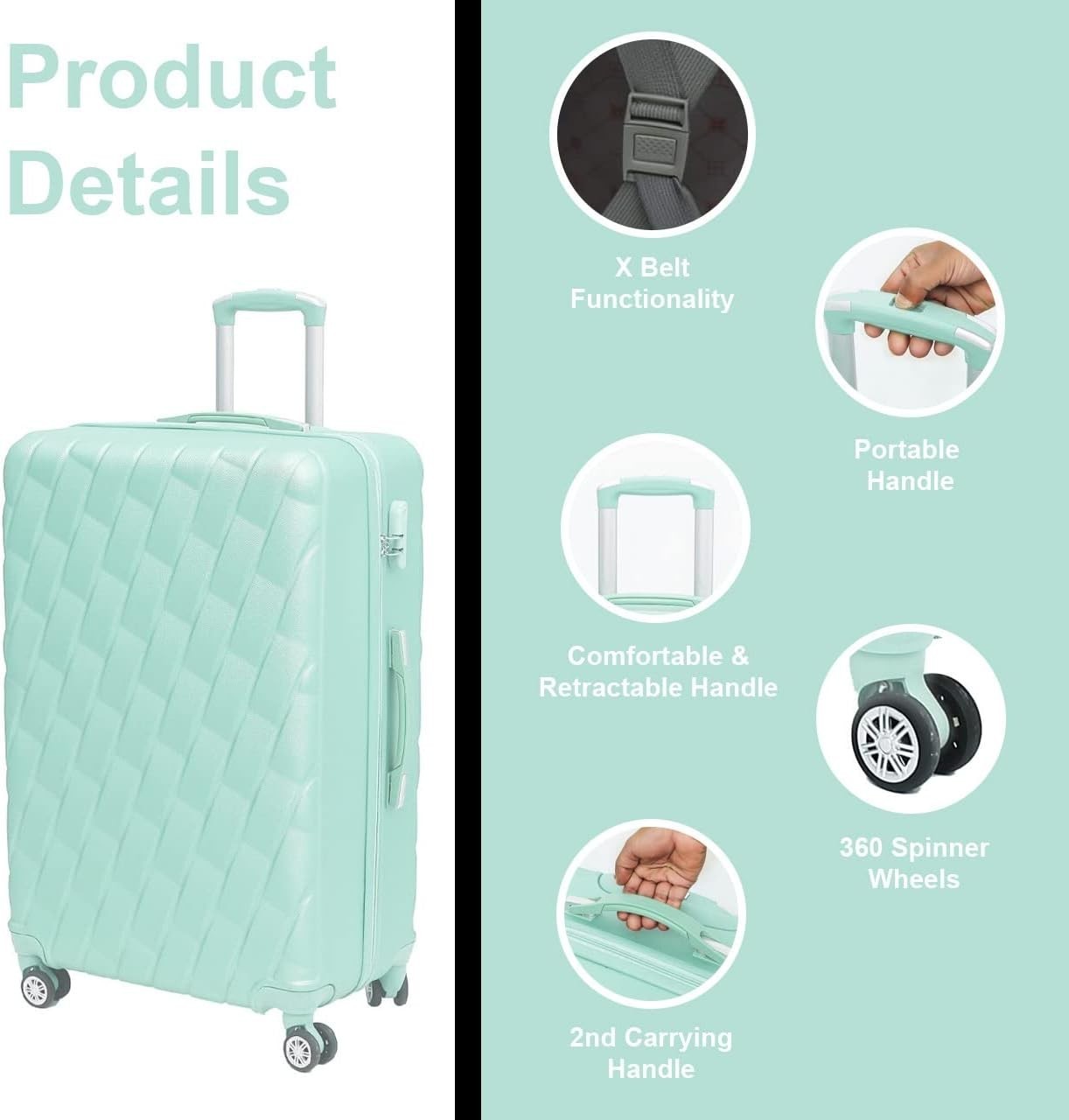 20 Inch Cabin Suitcase Hard Shell PC ABS 4 Dual Spinner Wheels Lock Green