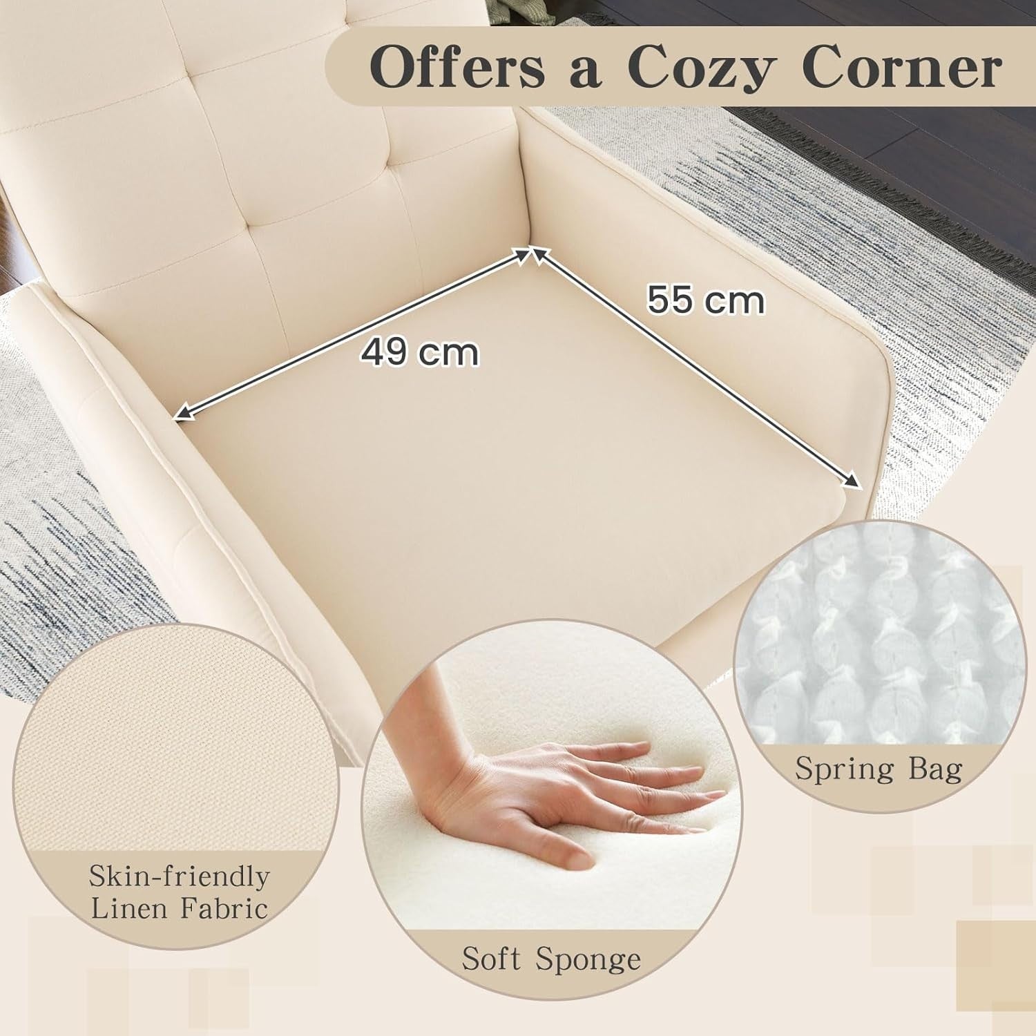 Comfy Modern Tufted Armchair, Linen Upholstered Accent Chair with Metal Legs