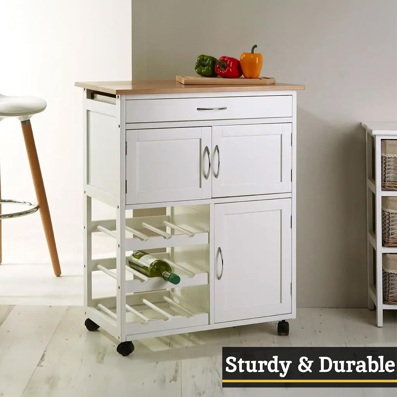 White Kitchen Island Trolley on Wheels Bamboo Top Storage