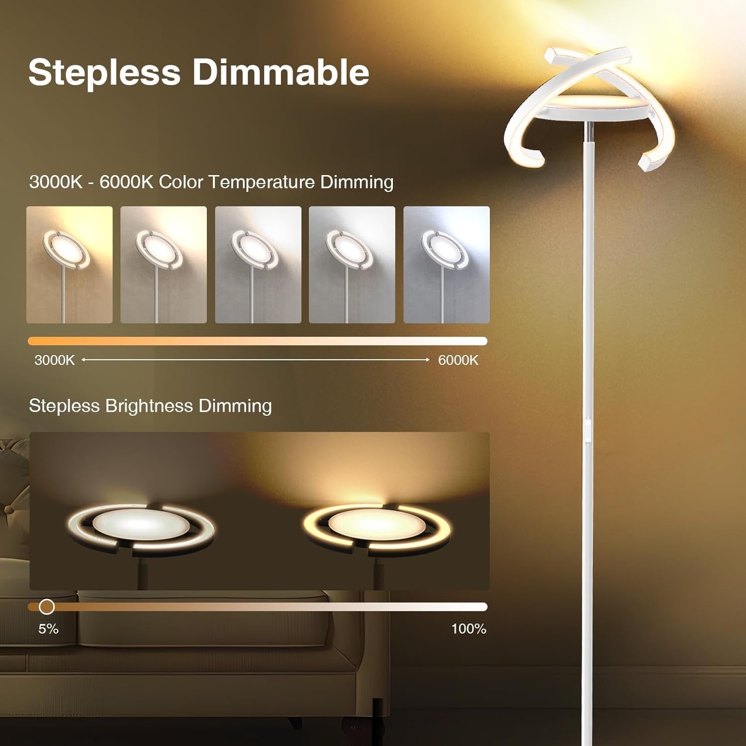 LED Uplighter Floor Lamp Stepless Dimming Touch Remote 3000K–6000K