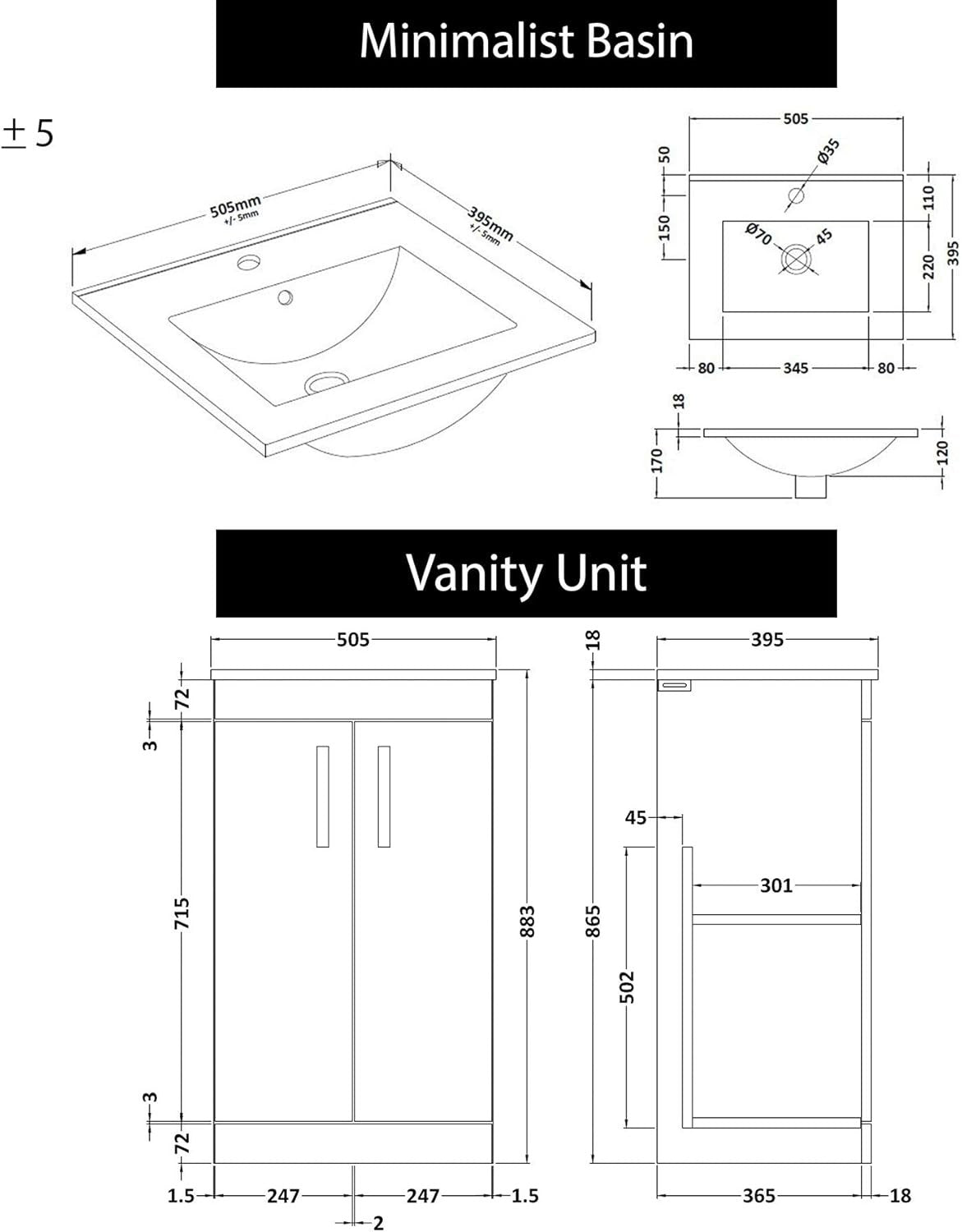 500mm White Bathroom Vanity Unit with Basin Gloss Floor Standing Sink Cabinet