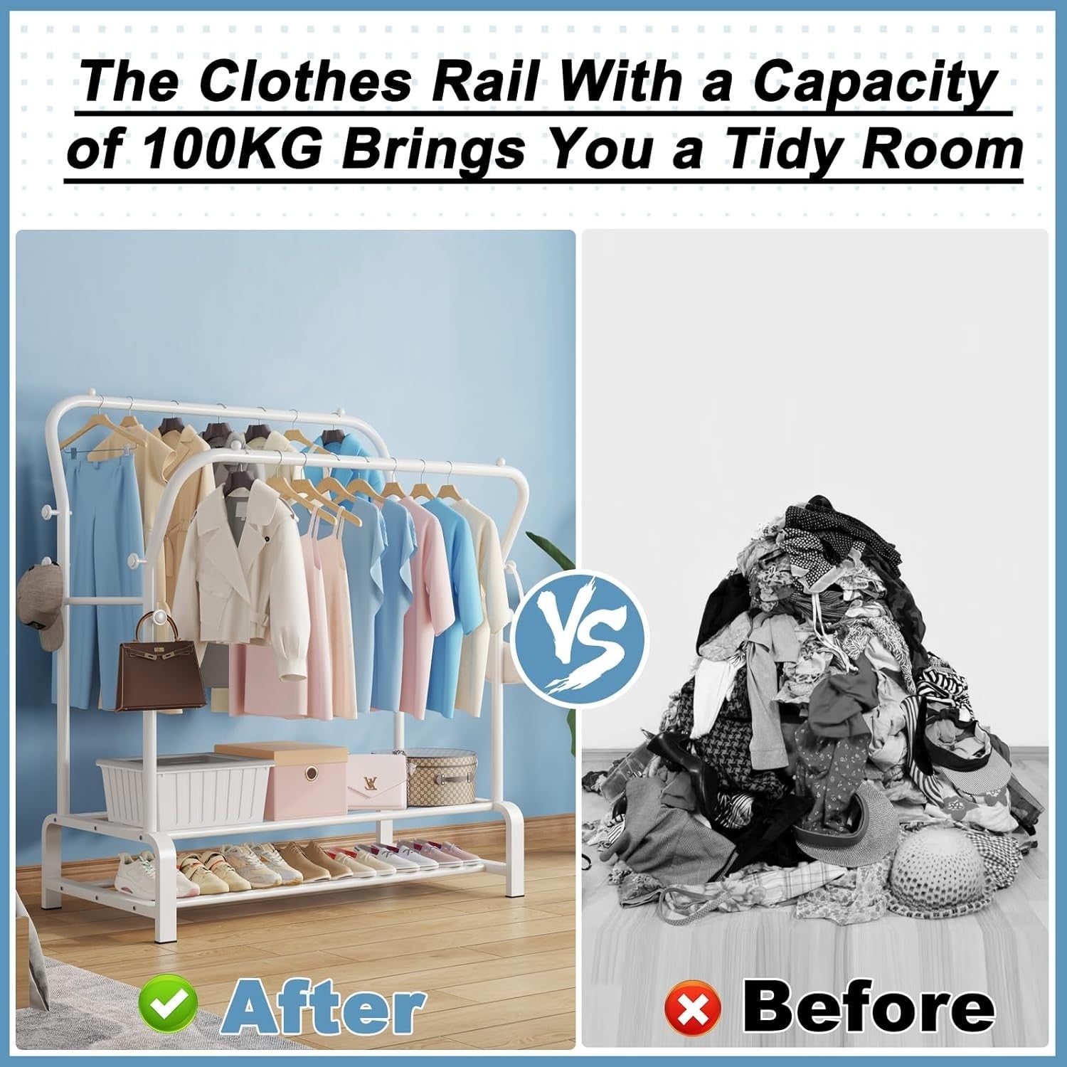 Heavy Duty White Metal Clothes Rail Double Rack with Hooks & Shelves