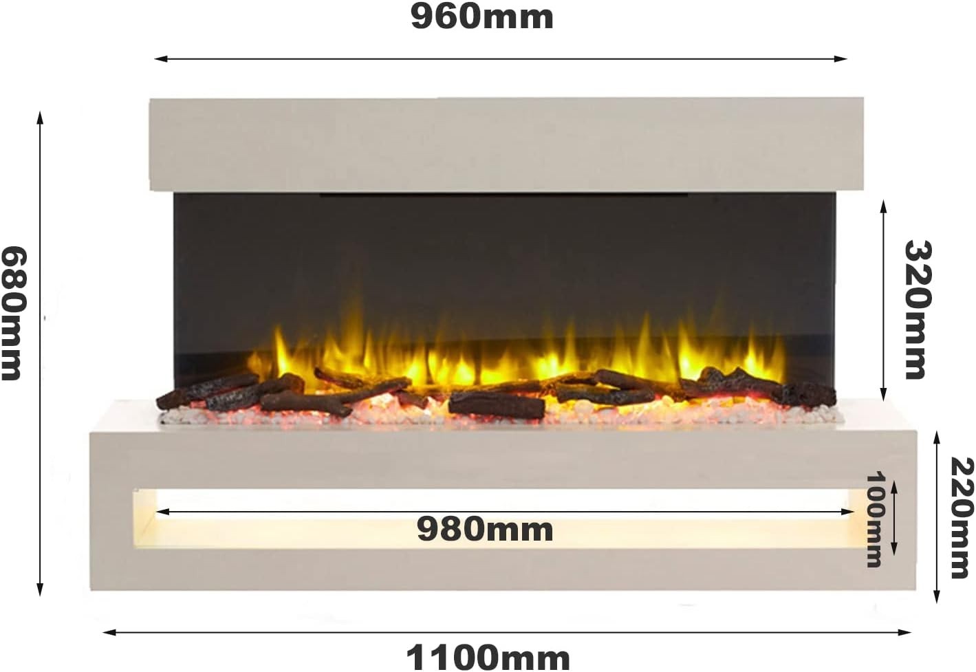 43" Wall Mounted Electric Fireplace 18/2kW Programmable Remote LED Flame