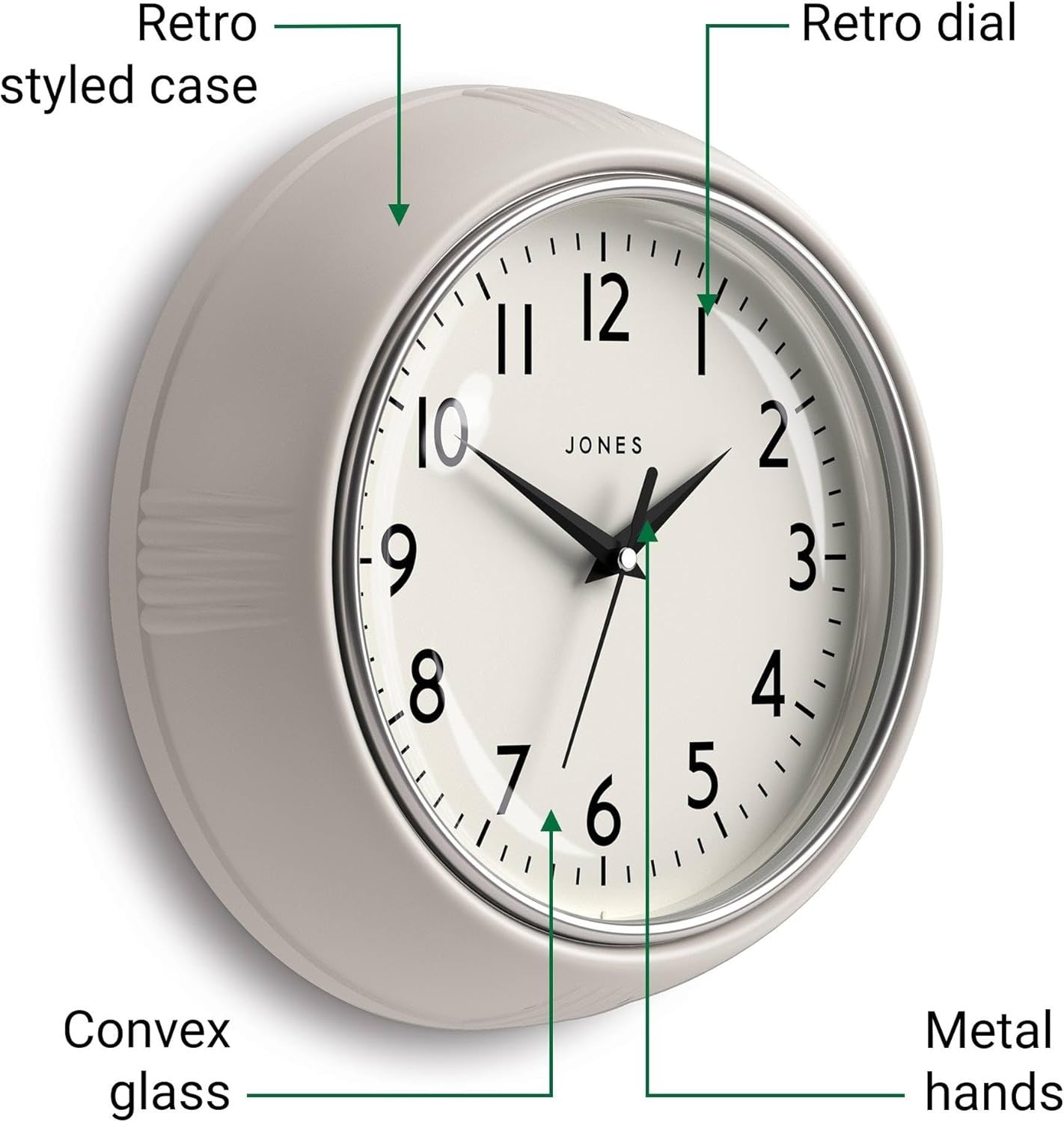 25cm Light Grey Retro Wall Clock | Easy Read Silent Quartz Clock for Home Kitche