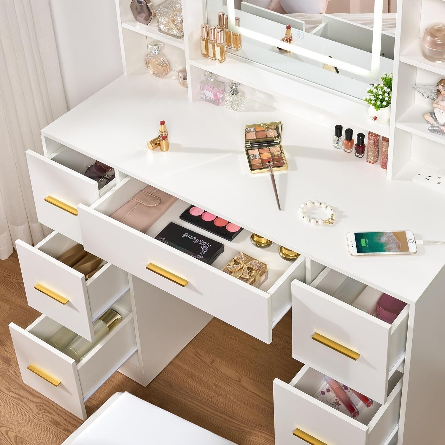 Modern White Vanity Table Set LED Mirror 6 Drawers Desk USB Charging Station