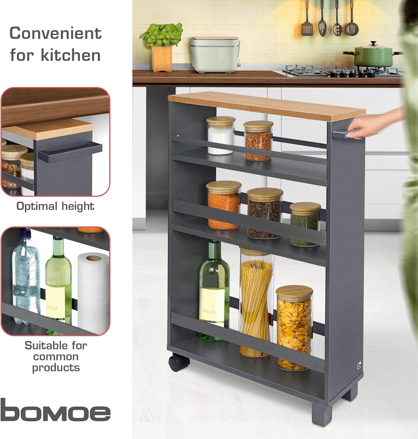 Slim Kitchen Storage Trolley Narrow Rolling Cart 3 Shelf Under Counter