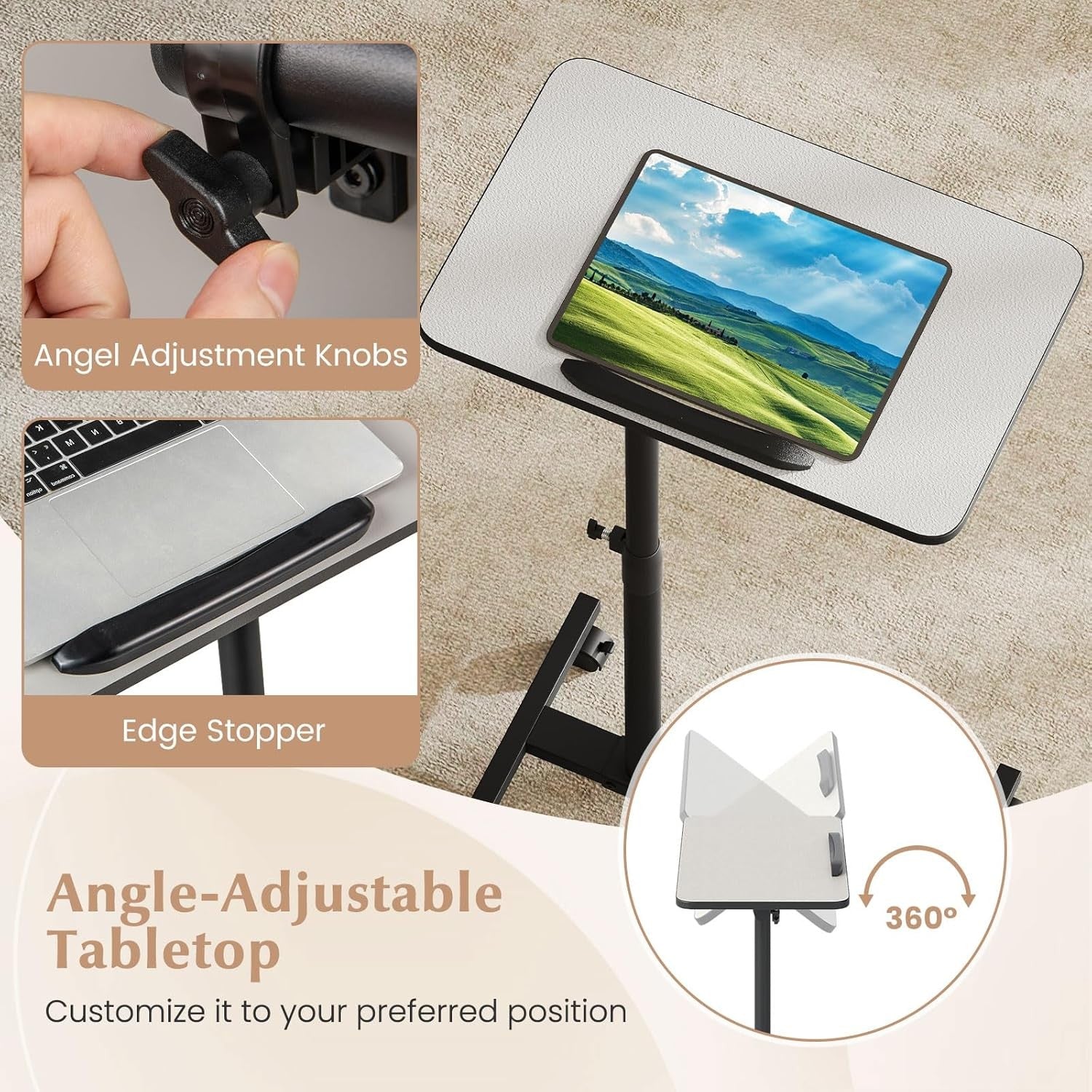 Adjustable Overbed Table Laptop Desk C Shaped Rolling Bedside Stand Grey
