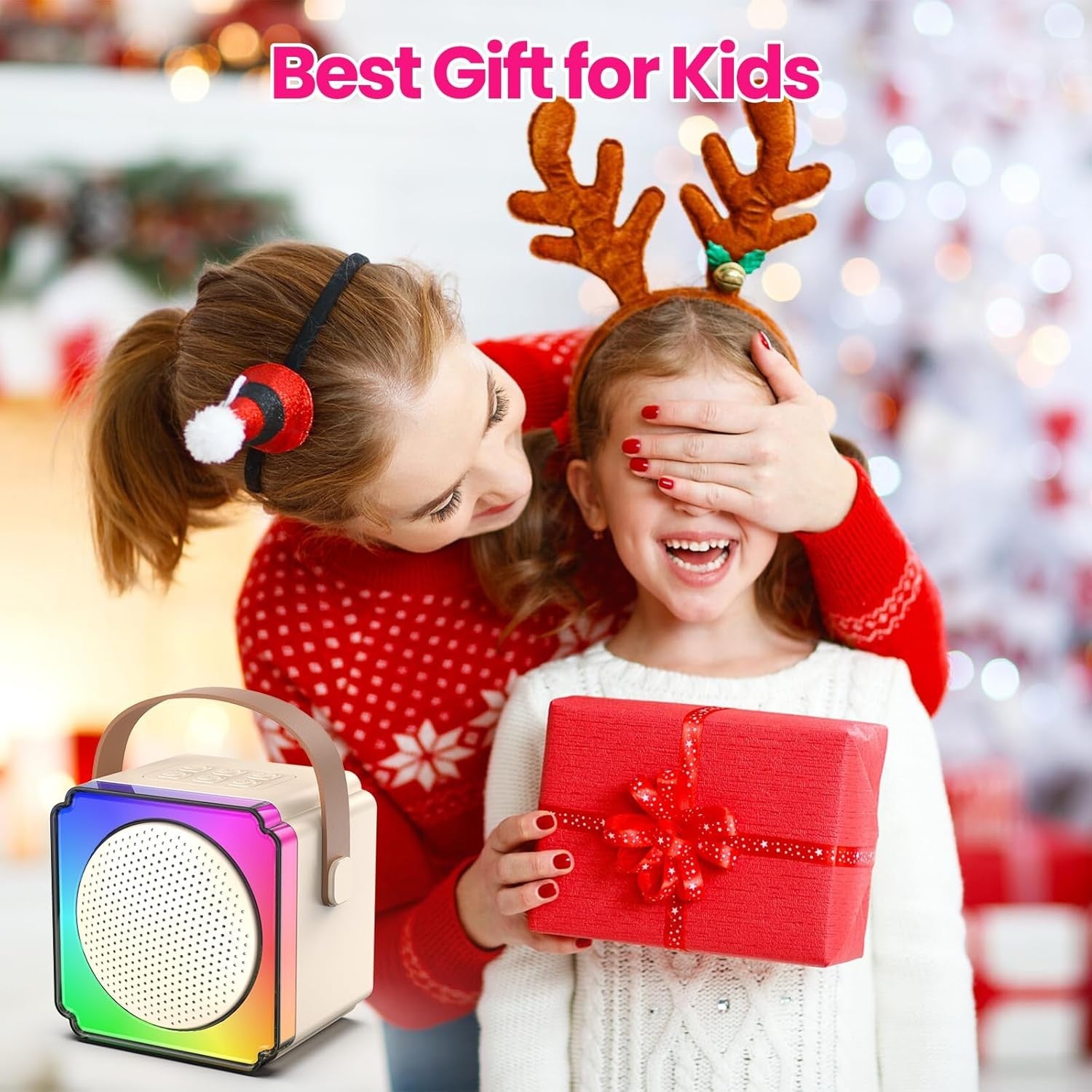 Cream Kids Karaoke Machine with 2 Mics LED Bluetooth Speaker