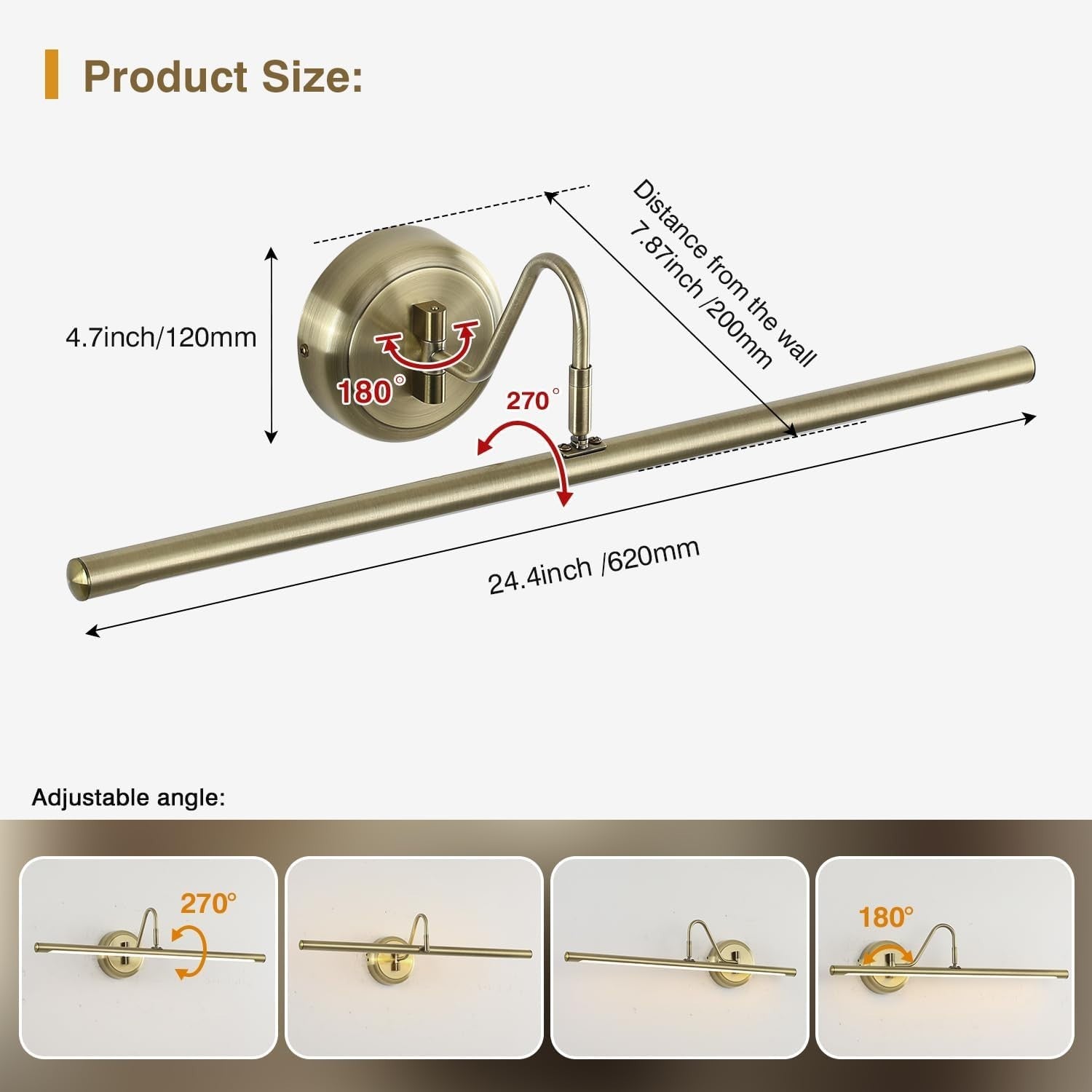 Dimmable LED Picture Light 24.4" Swing Arm, Antique Bronze Spotlight