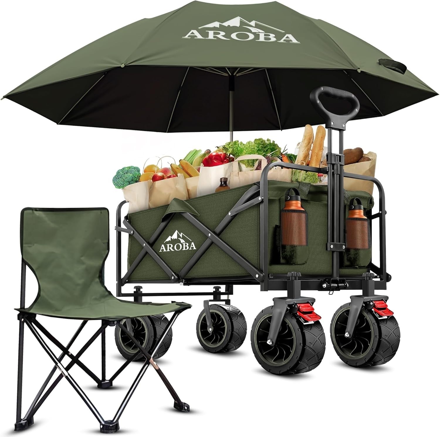 300L Heavy Duty Folding Festival Wagon All-Terrain Trolley w/ Chair & Umbrella