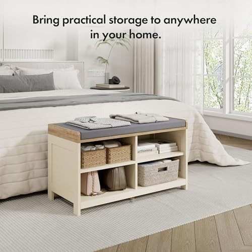 Cream Shoe Storage Bench with Cushion & 4 Shelves – Hallway Entryway Unit