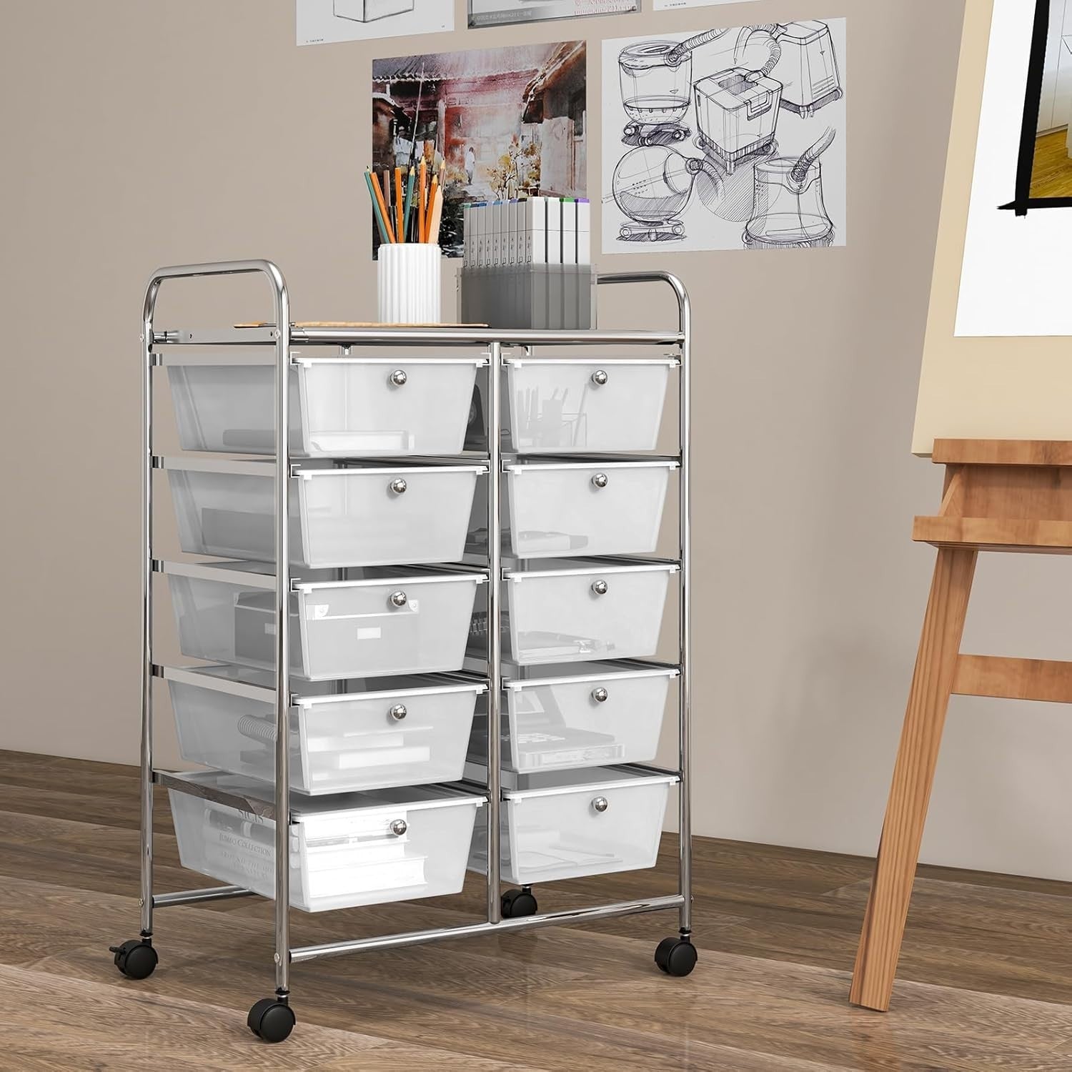 10 Drawer Rolling Storage Cart Clear Organizer Trolley with Wheels