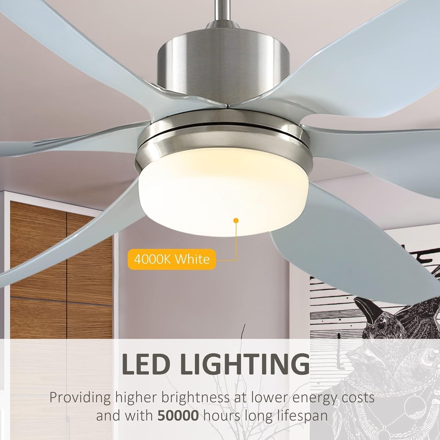 Reversible Ceiling Fan with LED Light, 6 Blades, Remote, Timer
