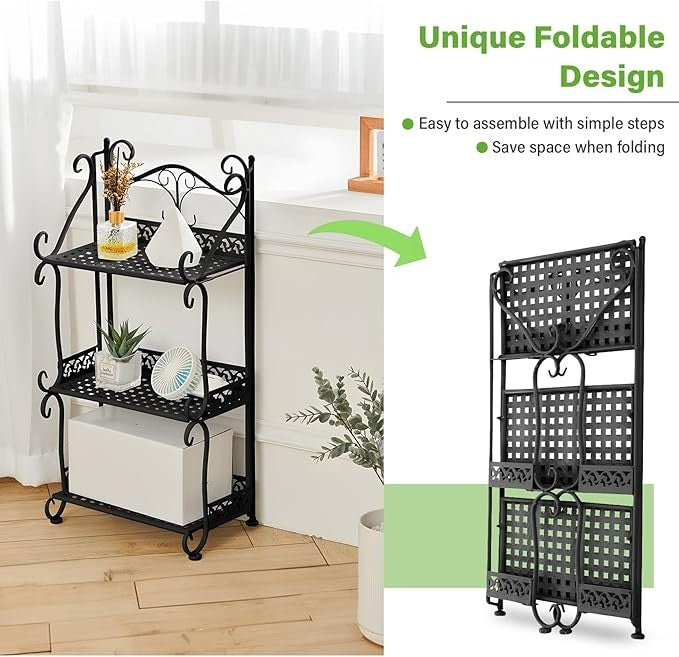 3 Tier Metal Plant Stand Black Foldable Iron Flower Pot Shelf Indoor Outdoor