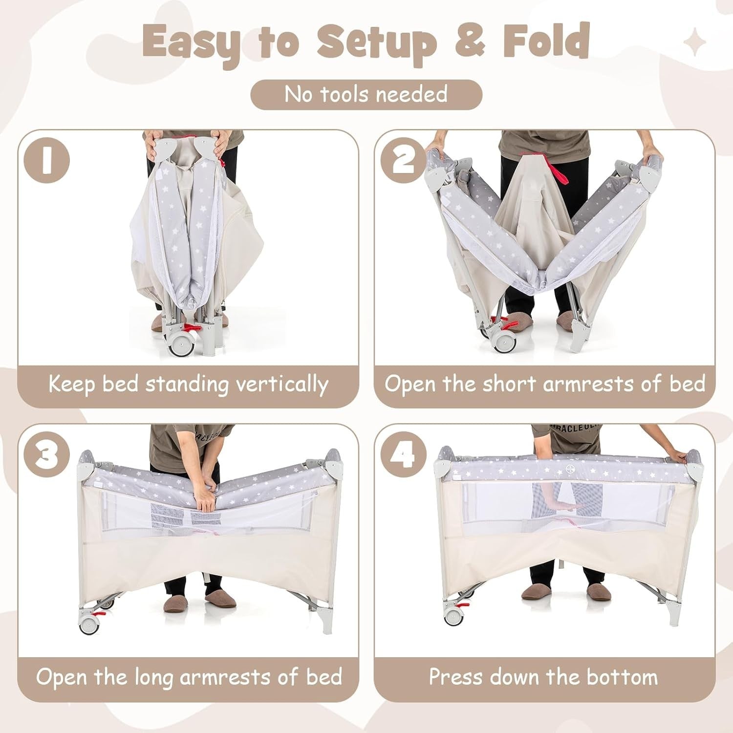5in1 Baby Travel Cot Bedside Crib Bassinet w/ Mattress Changer Music Toys Beige