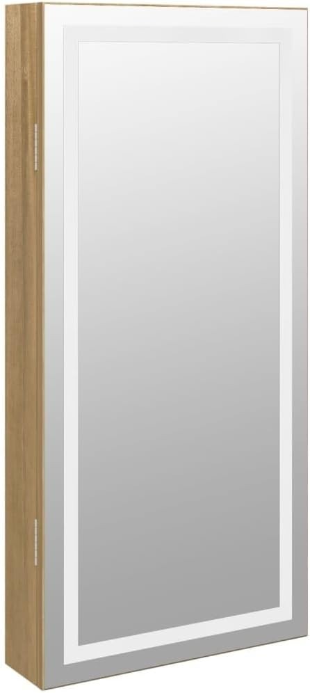 LED Wall Jewelry Organizer Mirror Lockable Slim Cabinet Brown