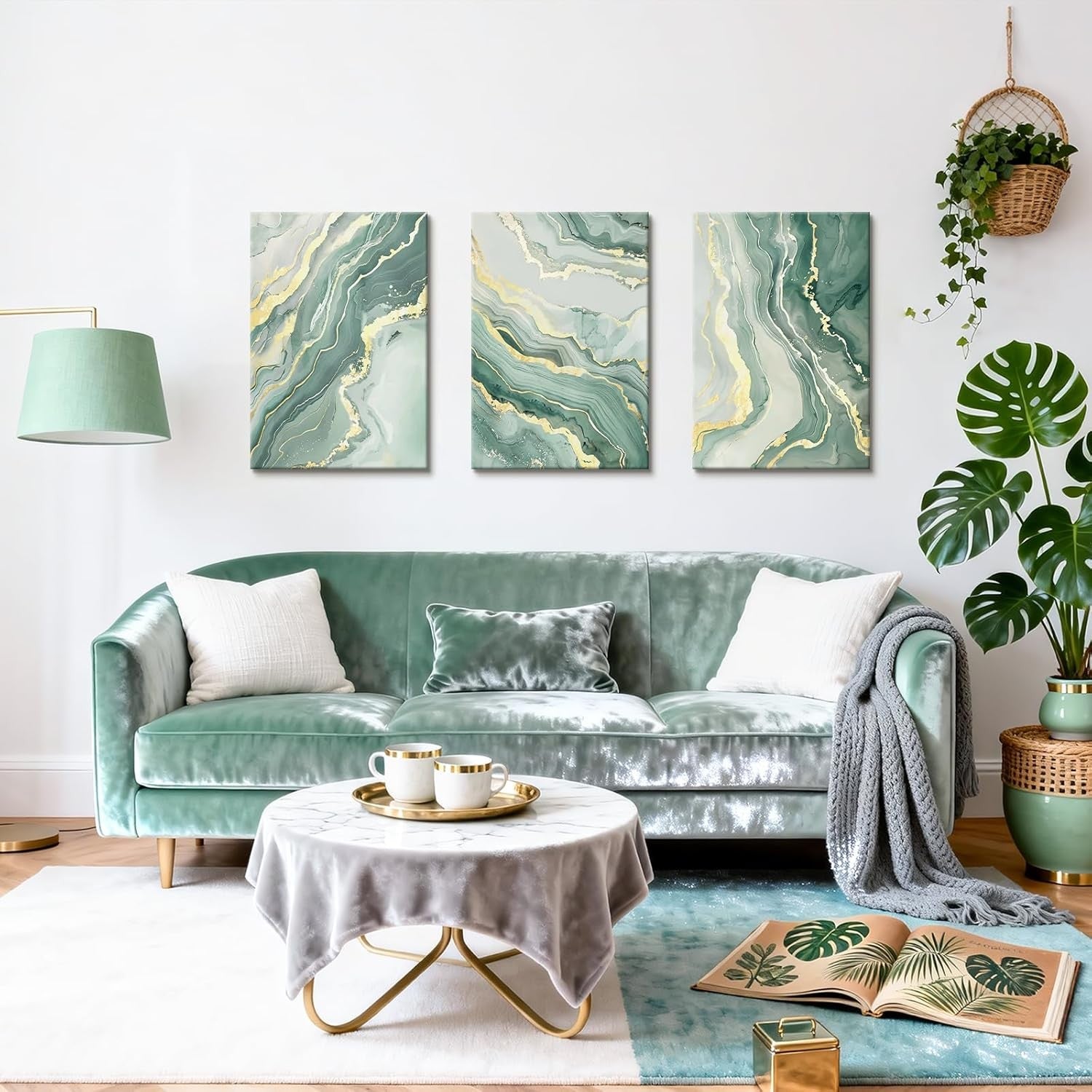 Sage Green Gold Abstract Canvas Wall Art Set 3 Modern 40x60cmx3