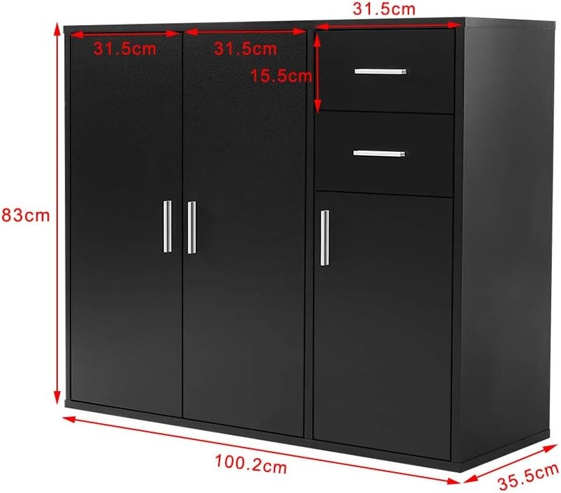 Black Sideboard Cabinet with Drawers & Doors Modern Storage Unit 100cm