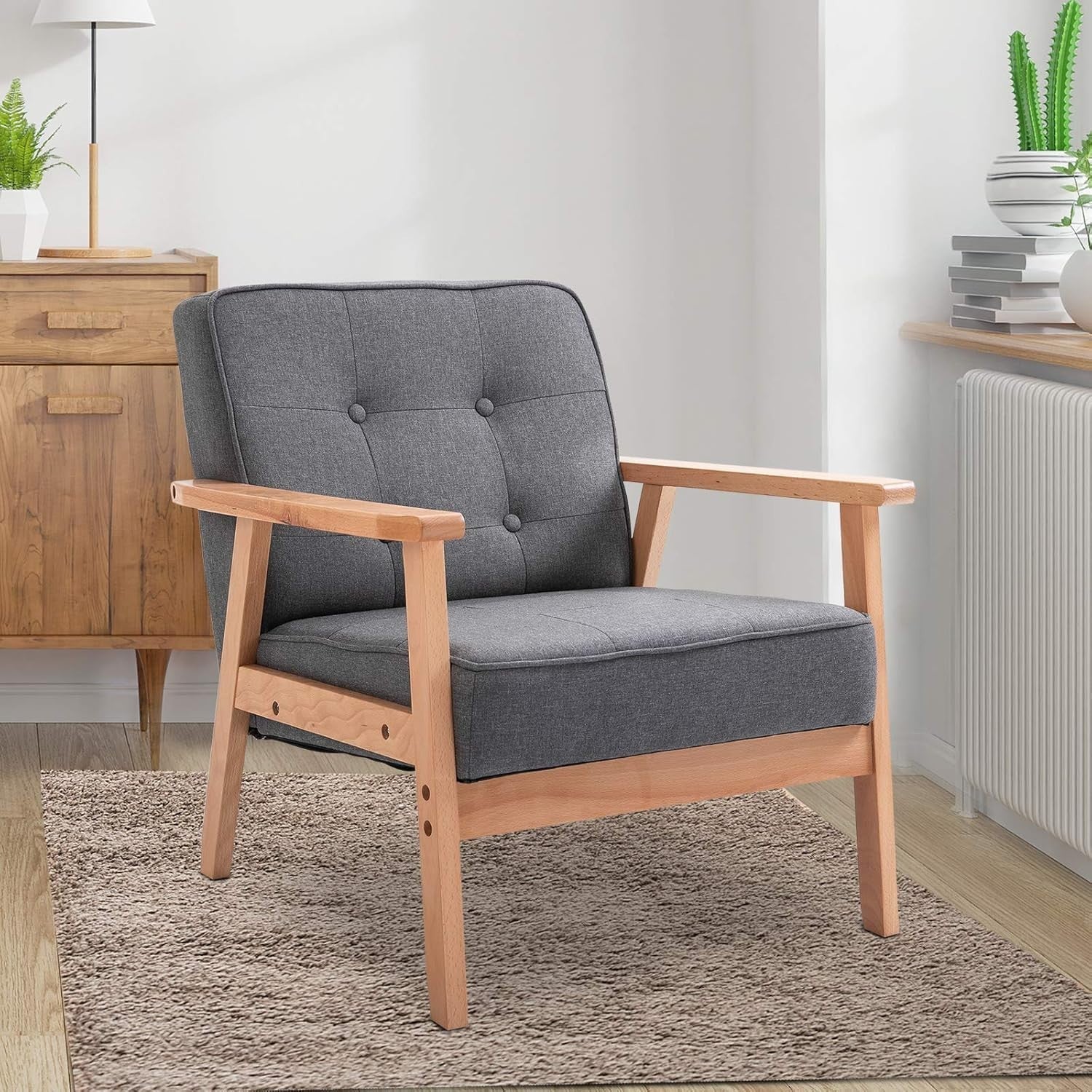 Grey Linen Armchair Wooden Frame Retro Accent Chair Lounge Seat 120kg
