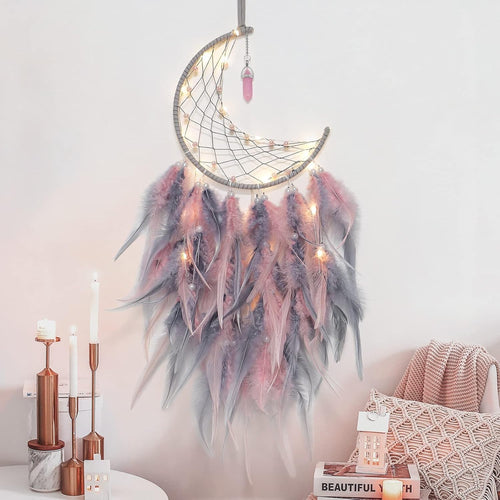 Boho Moon Dream Catcher Pink Grey Feathers Fairy Lights Wall Decor